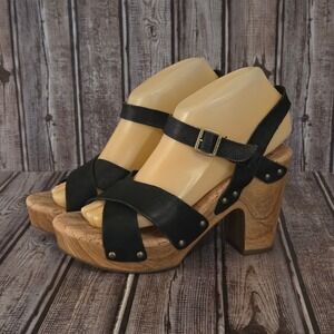 Sz 7 M Kork-Ease Deborah Black Leather Platform Comfort Clog Sandals Excellent
